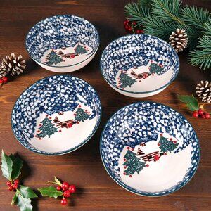 Set of 4 Tienshan Folk Craft Cabin in the Snow 6.5" Cereal Soup Bowls